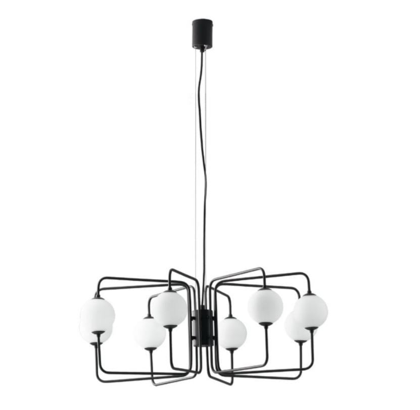 Sospensione 8 luci in metallo nero sfere vetro opale 8XG9 non incl. NEUTRON Sospensione 8 luci in metallo nero sfere vetro opale 8XG9 non incl. NEUTRON